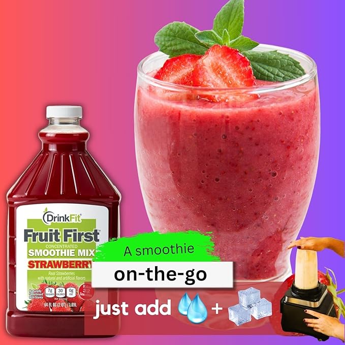 DrinkFit Fruit Smoothie | Real Fruit Puree, Low Sugar, Gluten-Free & Non-GMO, Strawberry Smoothie Mix - Makes 32 Smoothies, 64 Fl Oz (Strawberry)
