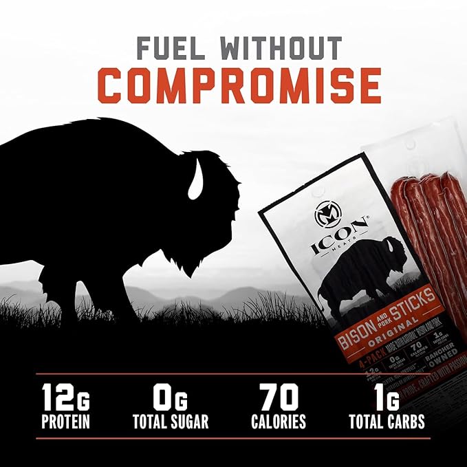 ICON Meats Bison and Pork Snack Sticks, Original, 6 Pack High Protein Snacks, 4 Meat Sticks per Pack, Sugar Free, Gluten Free, Natural, USDA Inspected, Made in USA, Gifts or Stocking Stuffers