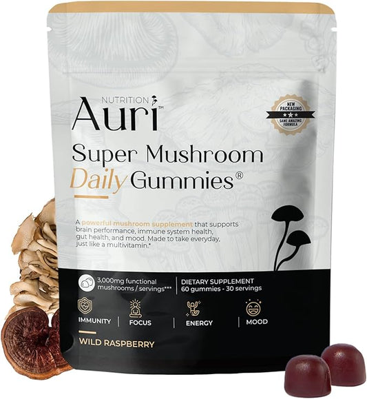 Auri Super Mushroom Daily Gummies – All-in-One Functional Gummy with 12 Mushroom Blend Including Lion’s Mane, Reishi, Chaga & Cordyceps – 60 Gummies