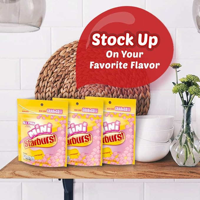 STARBURST Candy Bulk - Minis All Pink Fruit Chews, Pink Snacks, 8oz (Pack of 8)