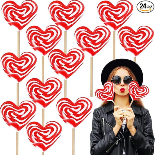 Fruidles 24-Pack Jumbo Swirl Lollipop Red and White Heart Design, Party Bag Fillers, Individually Wrapped, 80g (24-Pack)