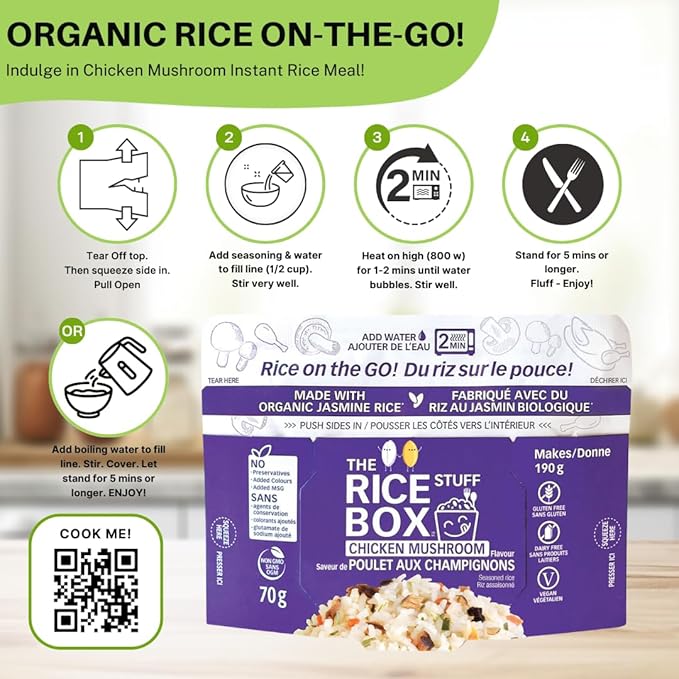 The Rice Stuff Box - Chicken Mushroom Instant Rice Meals, 6-Pack, Organic Jasmine Rice, NON-GMO, Gluten-Free, Vegan, Dairy-Free (Pack of 6)
