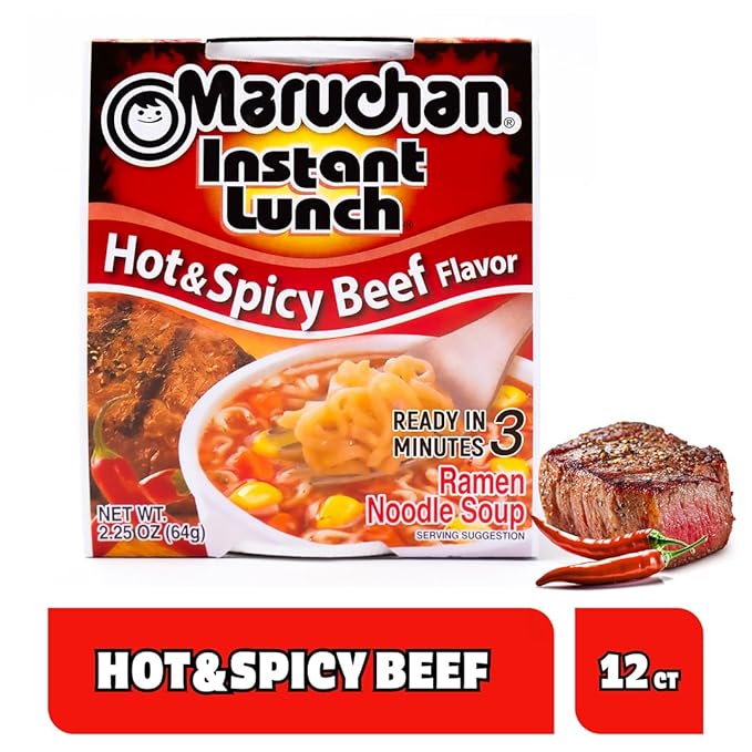 Maruchan Instant Lunch Ramen Noodles, Hot & Spicy Beef Flavor – Japanese-Style Instant Noodle Soup, Quick & Easy Meal – 2.25 Oz Cup, Pack of 12