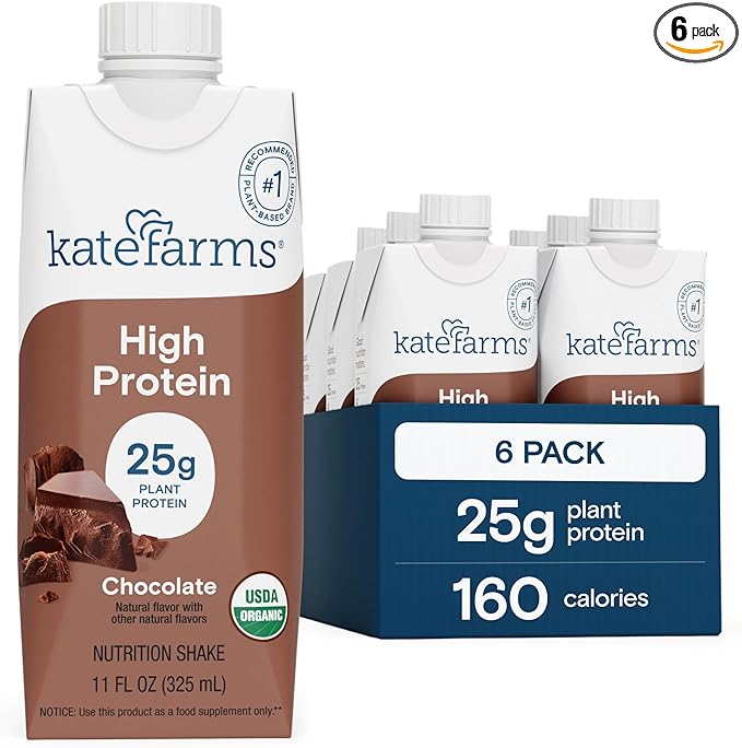 KATE FARMS Organic High Protein Chocolate Nutrition Shake, 25g Protein, 6g Fiber, 27 Vitamins and Minerals, 0g Sugar, Protein Drink, 11 oz (6 Pack)