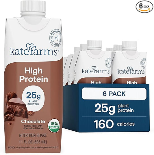 KATE FARMS Organic High Protein Chocolate Nutrition Shake, 25g Protein, 6g Fiber, 27 Vitamins and Minerals, 0g Sugar, Protein Drink, 11 oz (6 Pack)