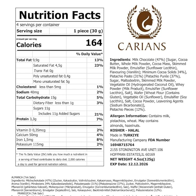 CARIANS One Bite Size Dubai Chocolate Wafers, 10 Pcs. Individually Wrapped Dubai Chocolate Wafers with Pistachio, Great for Gift Giving, Anniversary, Valentine's Day