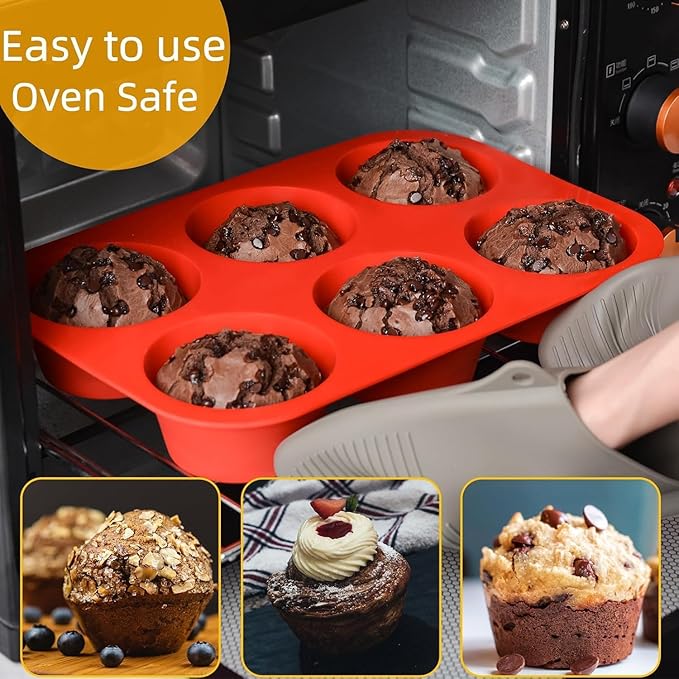 CAKETIME Silicone Jumbo Muffin Pan, 3.5 Inch Silicone Texas Muffin Pan 6 Cup Large Cupcake Pan Nonstick BPA Free 2 Pack Red