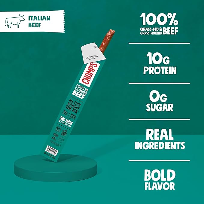 CHOMPS Grass Fed Beef Jerky Meat Snack Sticks, AIP Diet Compliant, Keto, Paleo, Whole30 Approved, Low Carb, Gluten Free, Sugar Free, Non-GMO, 90 Calories 1.15 Oz Stick, Italian Beef 10 Pack