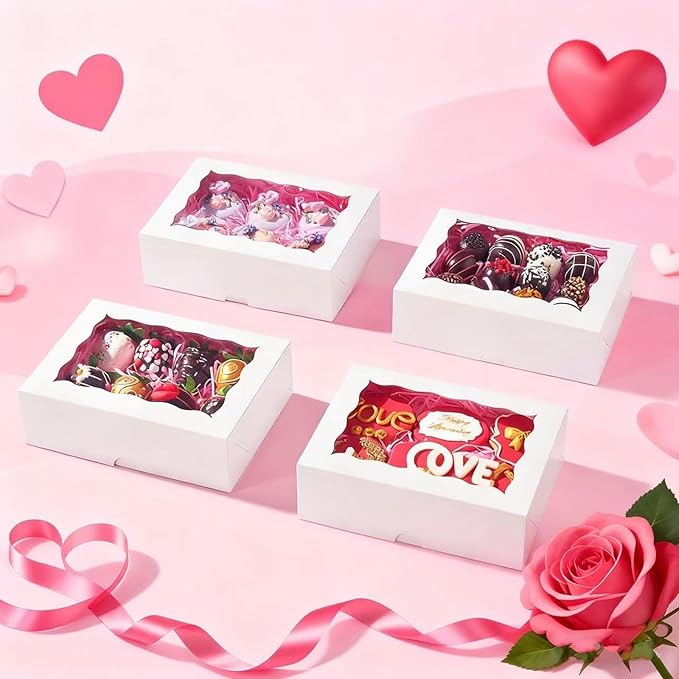 8PCS White Bakery Boxes with Window, 8x6x2.5 Inch Gift-Ready Pastry Box for Chocolate Strawberries, Macarons, Donuts, Truffles, Ores, Cookies, Donuts, Perfect for Different Holiday Celebrate