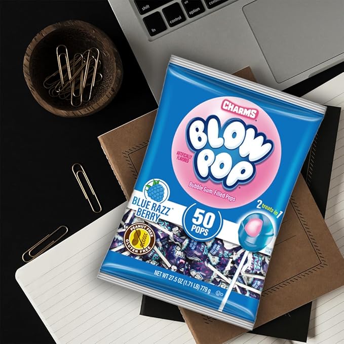 Charms Blow Pop Single Flavor Bag - Blue Raspberry Flavored Lollipops with a Bubble Gum Center - Individually Wrapped Hard Candy - Blue Candy - Peanut Free, Gluten Free, 50 Count (Pack of 1)