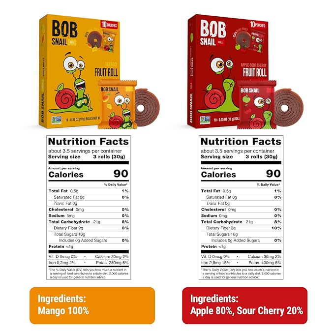 Bob Snail Fruit Roll Ups – 50 Natural Fruit Snacks (Mango & Sour Cherry), Vegan, No Added Sugar, Healthy On-the-Go Pack, 500g