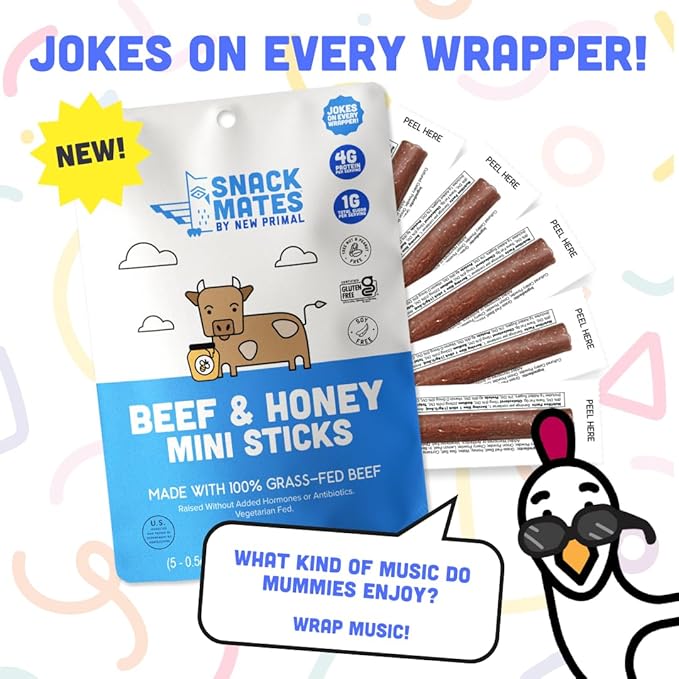 New Primal Snack Mates Beef & Honey Sticks, Healthy Snacks for Kids, Low Sugar High Protein Back to School Snacks, Gluten Free, Mini Jerky Meat Stick, 4g Protein, 50 Calories, 15 Pack