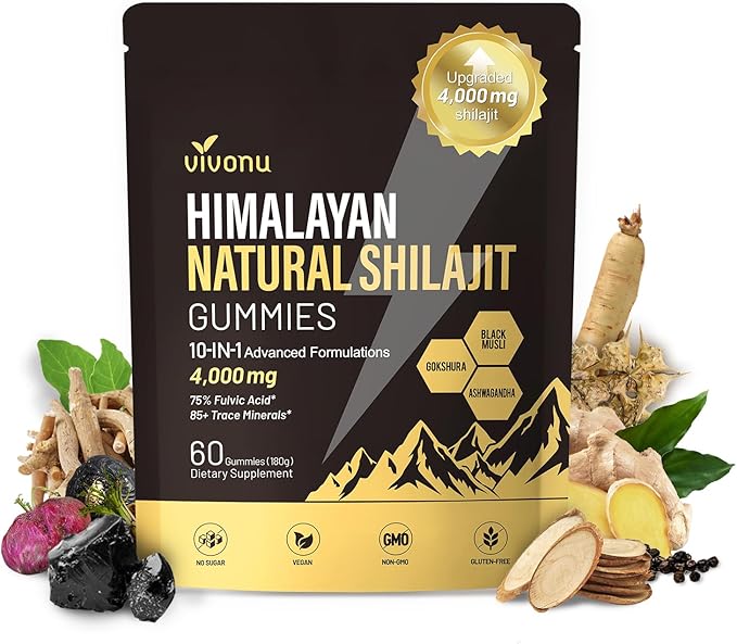 Shilajit Gummies, Shilajit for Men & Women | 4000mg High Potency 10-in-1 Formula with Pure Himalayan Shilajit, Ashwagandha, and 75% Fulvic Acid | Sugar-Free Vegan, 85+ Trace Minerals