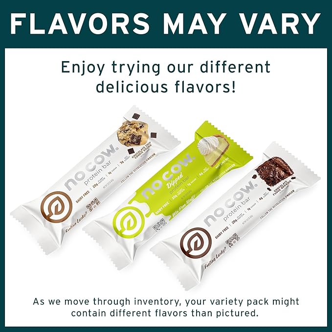 No Cow Vegan Protein Bars, Upgraded Original Variety Pack | 20g Plant Based Protein, Gluten Free, Dairy Free, Soy Free, Keto Friendly, Low Sugar, High Fiber Snack Bars | Pack of 12