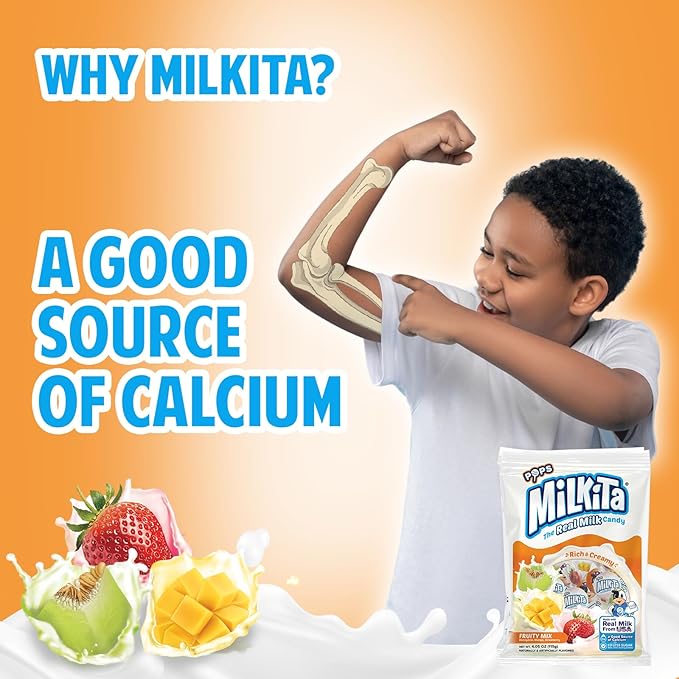 Milkita The Real Milk Candy Lollipop Bag – Low-Sugar, Healthy Sweets with Real Milk for Kids & Adults – Fat Free & Gluten Free Candy with Calcium (Strawberry, Honeydew, Mango - 10 Pcs 4-Pack)