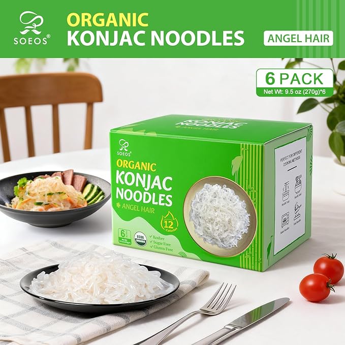Soeos Organic Konjac Noodles, Angel Hair Pasta, 8.8 oz (250g)*6 Pack, Low Calorie, Low Carb, Keto and Paleo Friendly Shirataki Noodle, Gluten-Free, Fat Free, Sugar Free, Vegan