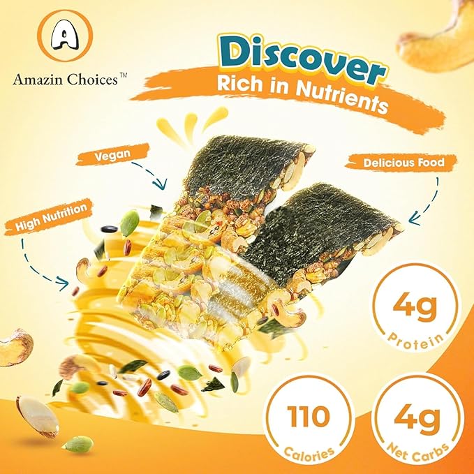 Seaweed Crunch with Nuts Classic Taste– Amazin Choices Vegan Snack Bars with Cashews, Almonds & Pumpkin Seeds – Premium Asian Chips – Seaweed Sheets – Sandwich Seaweed – Variety Pack (Pack of 8)