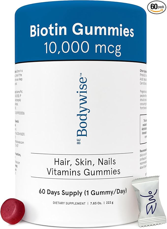 Be Bodywise Biotin 10000mcg Gummies | Hair Nail and Skin Vitamins | Biotin for Hair Growth for Women | Refined Sugar Free | 60 Day Pack (1 Gummy/Day)