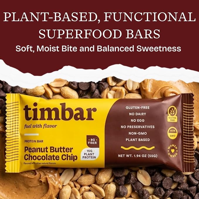 timbar Plant-Based Protein Bars, Peanut Butter Chocolate Chip | 15g Plant Protein, 8g Prebiotic Fiber | Gluten & Dairy Free, Non-GMO, No Sugar Alcohols (Pack of 4)