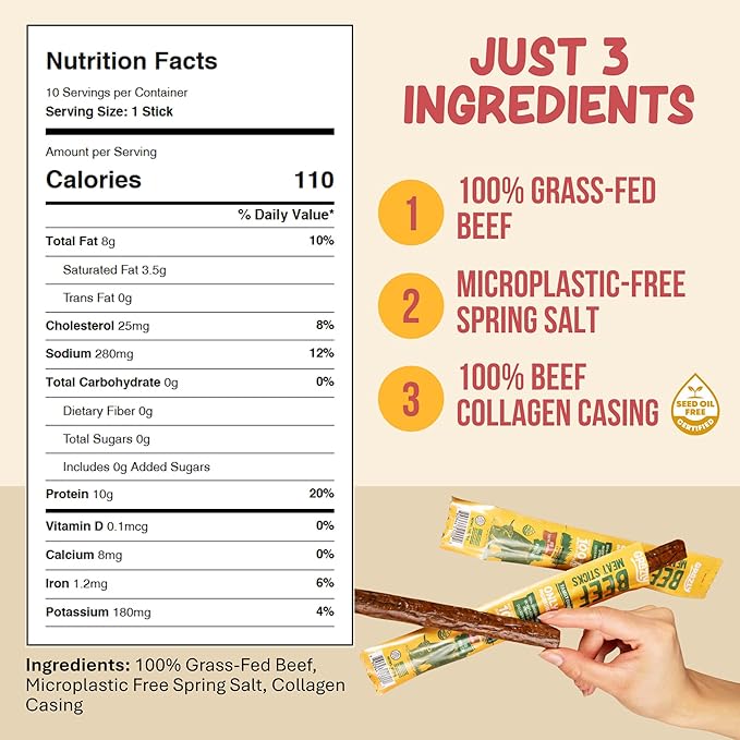 Grazly Grass-Fed Beef Sticks – Made with Only Beef, Spring Salt & Collagen Casing – Clean, High-Protein Snack w/ 10g Protein Per Stick (1 oz, 10 Pack)