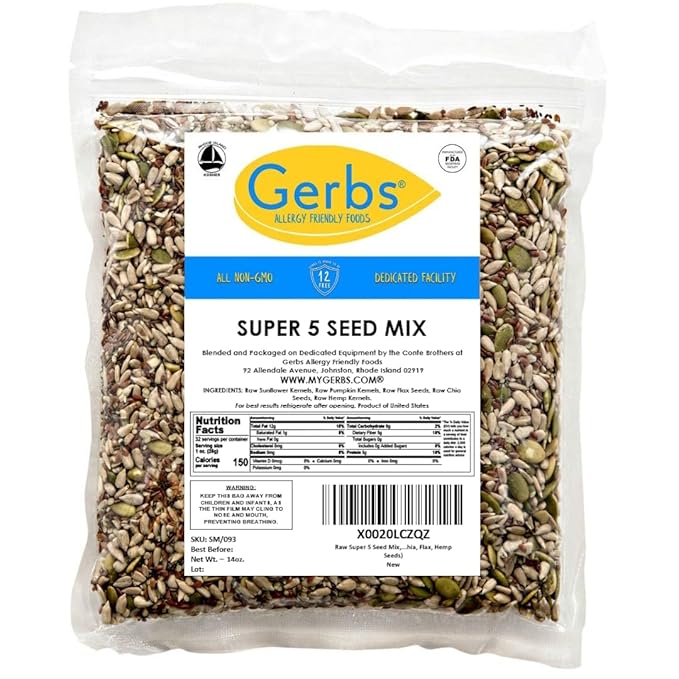Gerbs Super 5 Seed Snack Mix 14 oz. | Raw, No Artificial Additives, Resealable Bag | Crunchy Pumpkin, Sunflower, Flax, Chia & Hemp Blend | Top 14 Allergen-Free