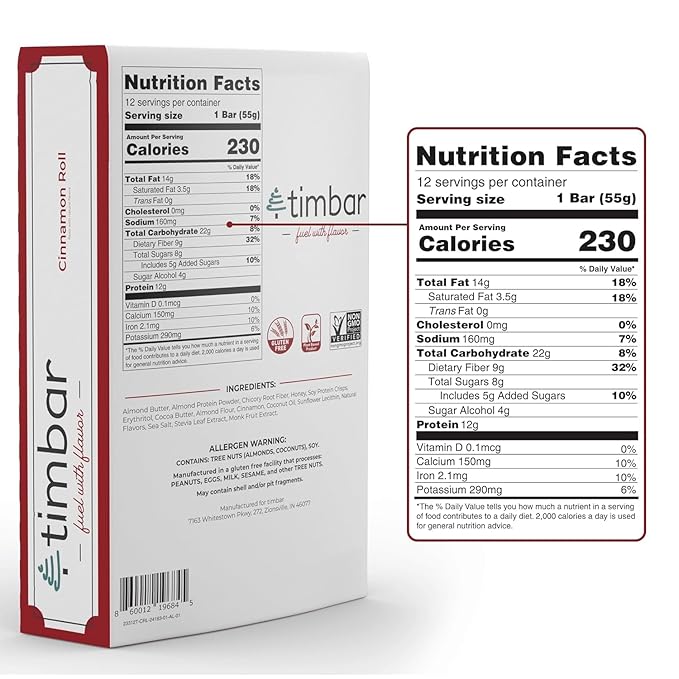 timbar Protein 4 Bars Pack | 12g Protein & 9g Fiber Plant Based- Energy & Nut Bars | Gluten Free, Non-GMO, Dairy Free, Healthy On-the-Go Snack & Meal Replacement (4 Packs, Cinnamon Roll)