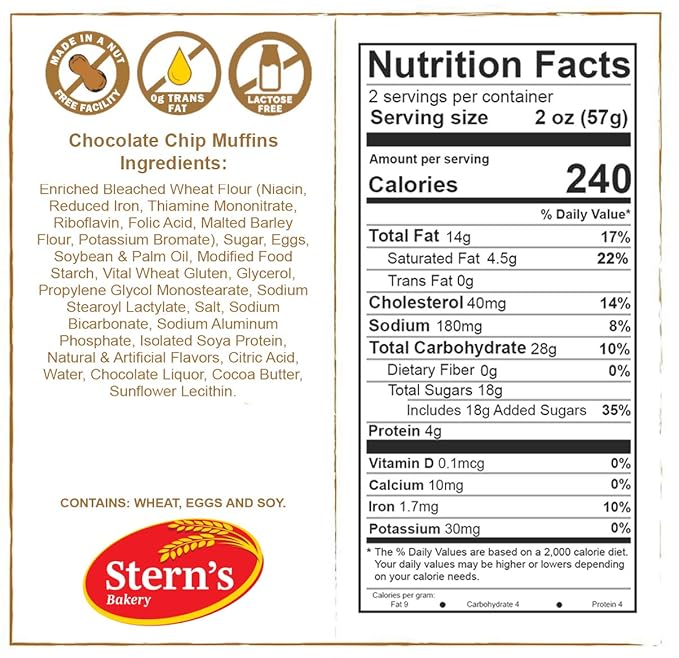 Fresh Bakery Muffins | Chocolate Chip Muffins | 4 Individually Wrapped Muffins Included | Delicious Coffee Cake | 4 oz Per Muffin | Stern’s Bakery (Chocolate Chip)