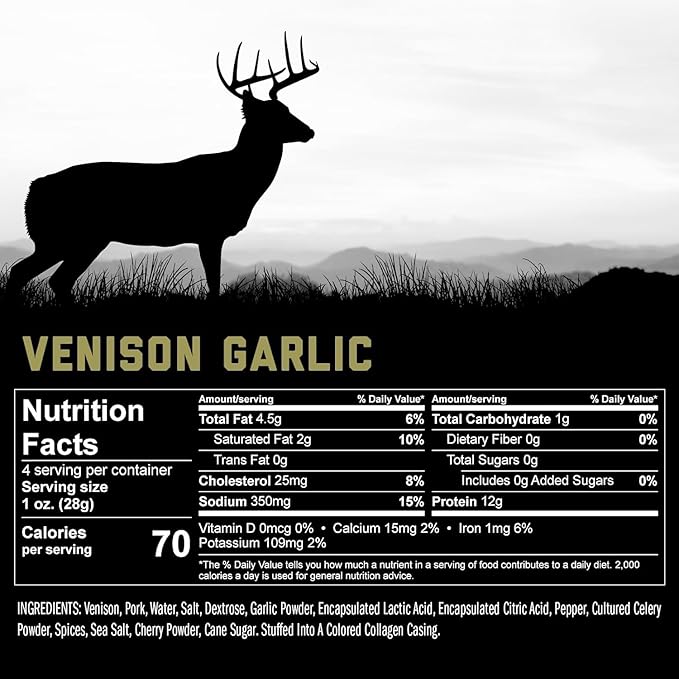 ICON Meats Venison and Pork Snack Sticks, Garlic, 6 Pack High Protein Snacks, 4 Meat Sticks per Pack, Zero Sugar, Gluten Free, Natural, USDA Inspected, Made in the USA, Gifts & Stocking Stuffers