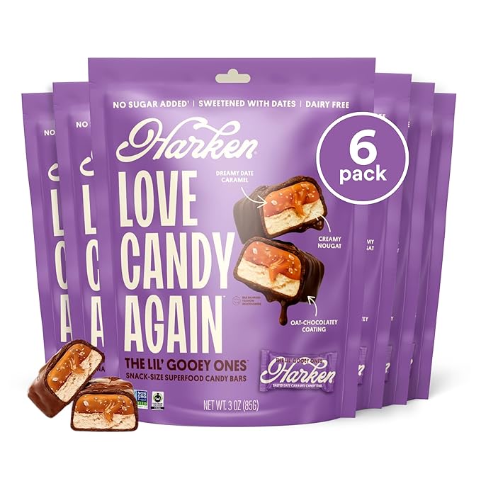 Harken Sweets The Lil’ Gooey Ones, Mini Oat Milk Chocolate Candy Bars with Date Caramel, Sweetened with Dates, No Sugar Added, High Fiber Snack, Nut-Free, Gluten-Free, Plant-Based, 6 Pouches (30 Bars)