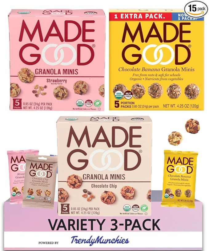 Made Good Organic Healthy Granola Minis (15 Portion Variety Pack), Tree Nut and Peanut Free, Gluten Free, Vegan, Kosher, Chocolate Banana, Strawberry, Chocolate Chip - Packaged with TrendyMunchies Box (3 Flavors Included) (15 Pack Variety Pack, 15 Pack...