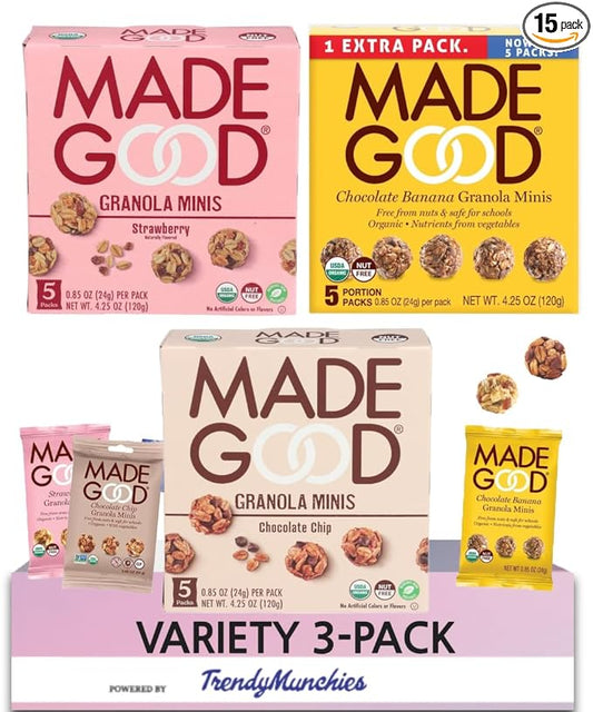 Made Good Organic Healthy Granola Minis (15 Portion Variety Pack), Tree Nut and Peanut Free, Gluten Free, Vegan, Kosher, Chocolate Banana, Strawberry, Chocolate Chip - Packaged with TrendyMunchies Box (3 Flavors Included) (15 Pack Variety Pack, 15 Pack...