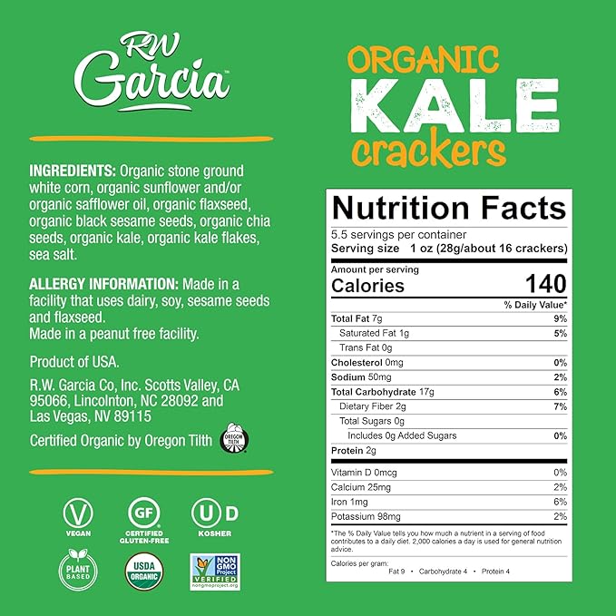 RW Garcia Organic Kale Crackers, Gluten Free, 5.5oz boxes, 6 pack