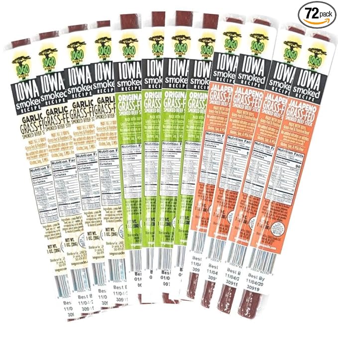 Variety Pack, Iowa Smoked Recipe, No Sugar, Non-GMO, 100% Grass Fed Beef Sticks. No Nitrates, Gluten, Soy, MSG, Dairy, or Nuts. Paleo, Whole30 and Keto Snack (24 Original, 24 Garlic, 24 Jalapeño)