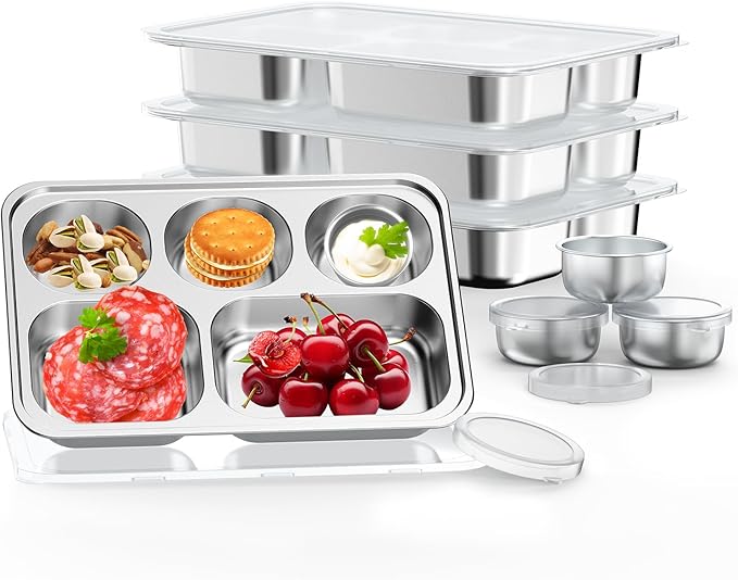 Stainless Steel Divided Plate for Kids Toddler, Non Toxic Portion Control Plate Dinner Plate with Lid for Adults Weight Loss, 4 Pack 5 Sections Rectangular Snack Plate Tray