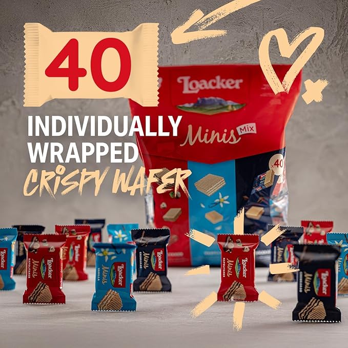 Loacker Minis Wafer Variety Pack - 30% Less Sugar - Premium Cream Filled Wafer Cookies - Mix of Hazelnut, Chocolate and Vanilla - NON-GMO - Sustainably Sourced - 40 Individually Wrapped Snack Packs