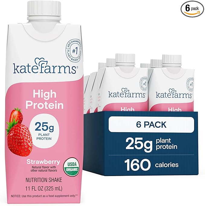 KATE FARMS Organic High Protein Strawberry Nutrition Shake, 25g Protein, 6g Fiber, 27 Vitamins and Minerals, 0g Sugar, Protein Drink, 11 oz (6 Pack)