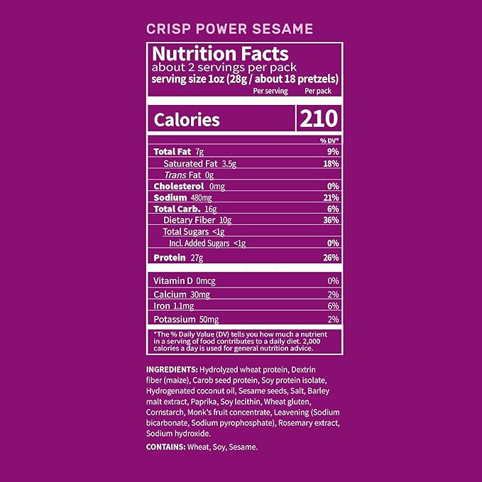 Crisp Power Protein Pretzels, Sesame, High Protein Snack, 27G Protein, Low Carb Crunchy Pretzel Snacks, No Added Sugar, No Seed Oils, 1.75 oz Bags, 6 Pack, Vegan, Plant-Based, Keto