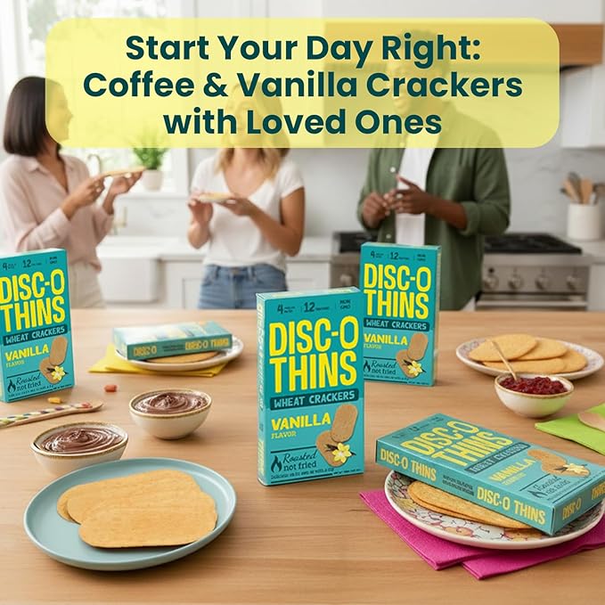Disc-O Thins Roasted Wheat Crackers 72pcs (Vanilla)- Tea-Coffee On-the-go Snacks/ Healthy Breakfast Crackers- Ideal With Herbal & Black Tea or Coffee- Non GMO & Guilt Free Healthy Travel Snacks For Adults & Kids