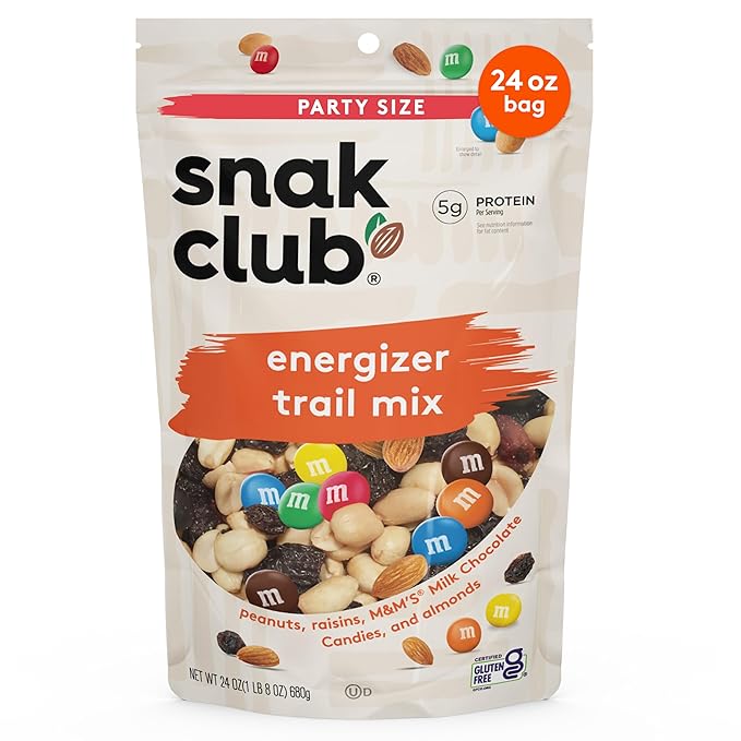 Snak Club Energizer Trail Mix with Roasted Salted Peanuts, Raisins, M&M’S Chocolate Candies, Roasted Almonds, Gluten-Free and Kosher Snack, 24 oz Resealable Bag