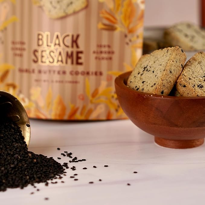 La Pêche Sable Butter Cookies Gluten Free, Grain Free, Non-GMO, Kosher - Small Batch - Resealable Pouch - 8 Cookies (3.5oz) (Black Sesame)