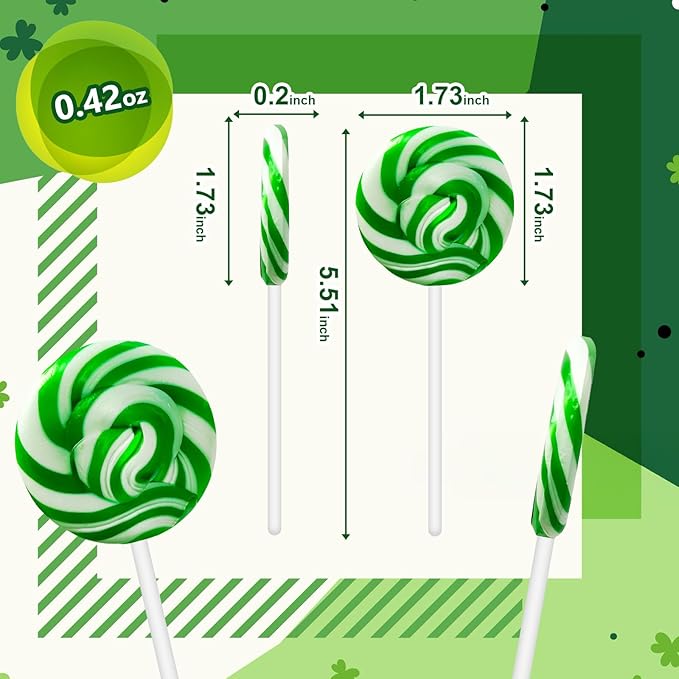 32 Pack Twist & Swirl Lollipops Suckers Individually Wrapped Bulk, St. Patrick's Day Candy Suckers, Green & White Swirl Lollipops Candy, Green Apple Flavor