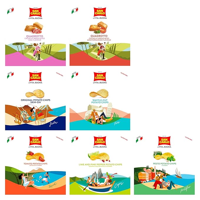 San Carlo Multy Variety Pack 9x - 4x150g Mediterranean and Ham Flavor - 3x50g Multi Flavours Italian Potato Chips: Lime and Pink Pepper, Pesto, Tomato - 2x100g Finest Selection: Waffle Cut, Skin