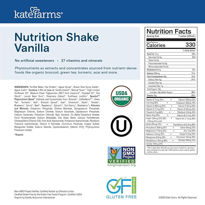 KATE FARMS Organic Nutrition Shake, Vanilla, 16g Protein, 27 Vitamins and Minerals, Protein Meal Replacement Drink & Shake, 11 oz (12 Pack)