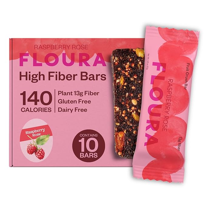 Floura Raspberry Rose Fruit-Forward Fiber Bars– High Fiber, Vegan, Gluten & Dairy Free, Low Calorie Healthy Snack Bars with Upcycled Produce for Gut Health [10 Pack]