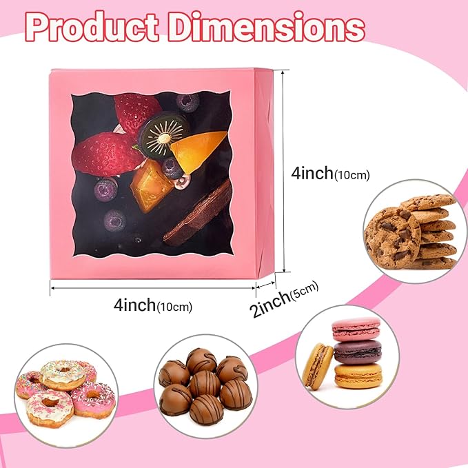 JCXGRVC 100 Pack 4x4x2 Inches Pink Bakery Boxes with Clear Window Perfect for Packaging Macaron Ores Chocolate Truffle Strawberry Cookie Donut Pie Treat Boxes for Wedding Valentine's Birthday