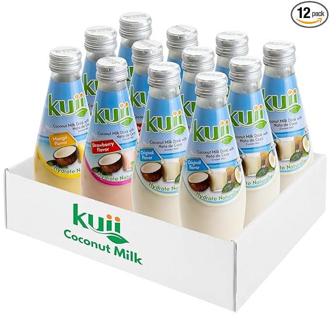 Kuii Coconut Milk Drink Variety Pack – 12 Count with Original Coconut, Strawberry & Mango Flavors – Refreshing Drinks with Nata de Coco for Fun & Fruity Tropical Hydration, 9.8 fl oz Bottles