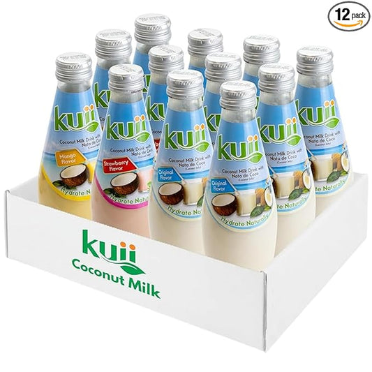 Kuii Coconut Milk Drink Variety Pack – 12 Count with Original Coconut, Strawberry & Mango Flavors – Refreshing Drinks with Nata de Coco for Fun & Fruity Tropical Hydration, 9.8 fl oz Bottles