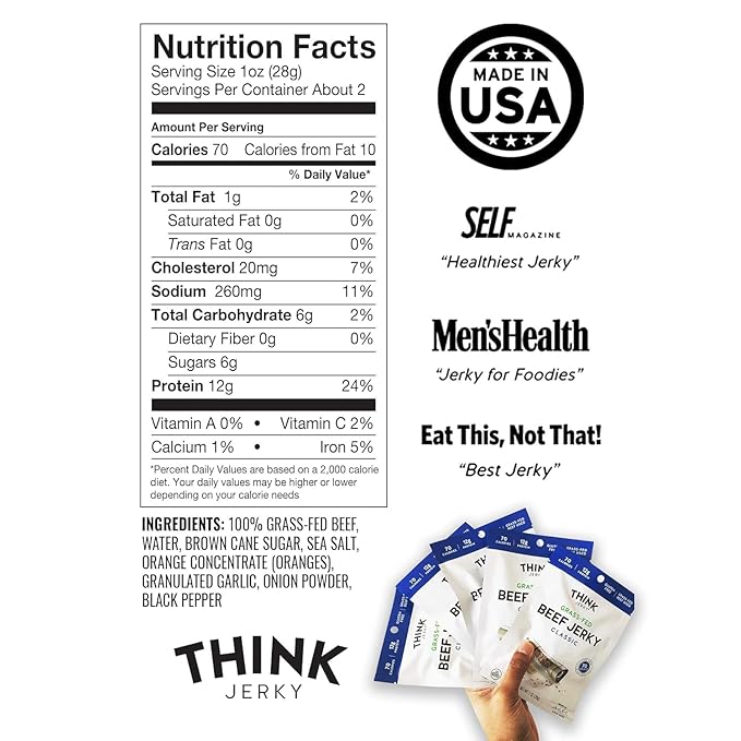Think Jerky Classic Beef Jerky, Grass-Fed High Protein Beef Jerky, Gluten Free, No Antibiotics or Nitrates, Healthy Chef Crafted Recipe, Low Calorie and Low Fat - 2.2 oz Bags, 8 Pack