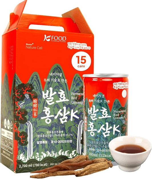 Korean Food Red Ginseng Drink with Siberian Chaga, 9-Steamed 9-Dried Ginseng, Vegan-Friendly, 15 Cans × 180ml (6.08 fl oz), Naturecell