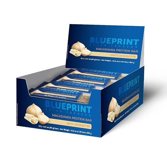 Blueprint Bryan Johnson Macadamia Nut Protein Bars – 9G Plant Protein – Vegan, Low Carb, Low Sugar, Keto-Friendly Snacks - Non-GMO, Raw Nut Bar, Natural Ingredients (White Cocoa - 12 Pack)